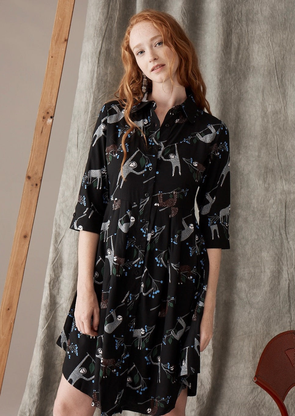 Sloth Shirt Dress, Black