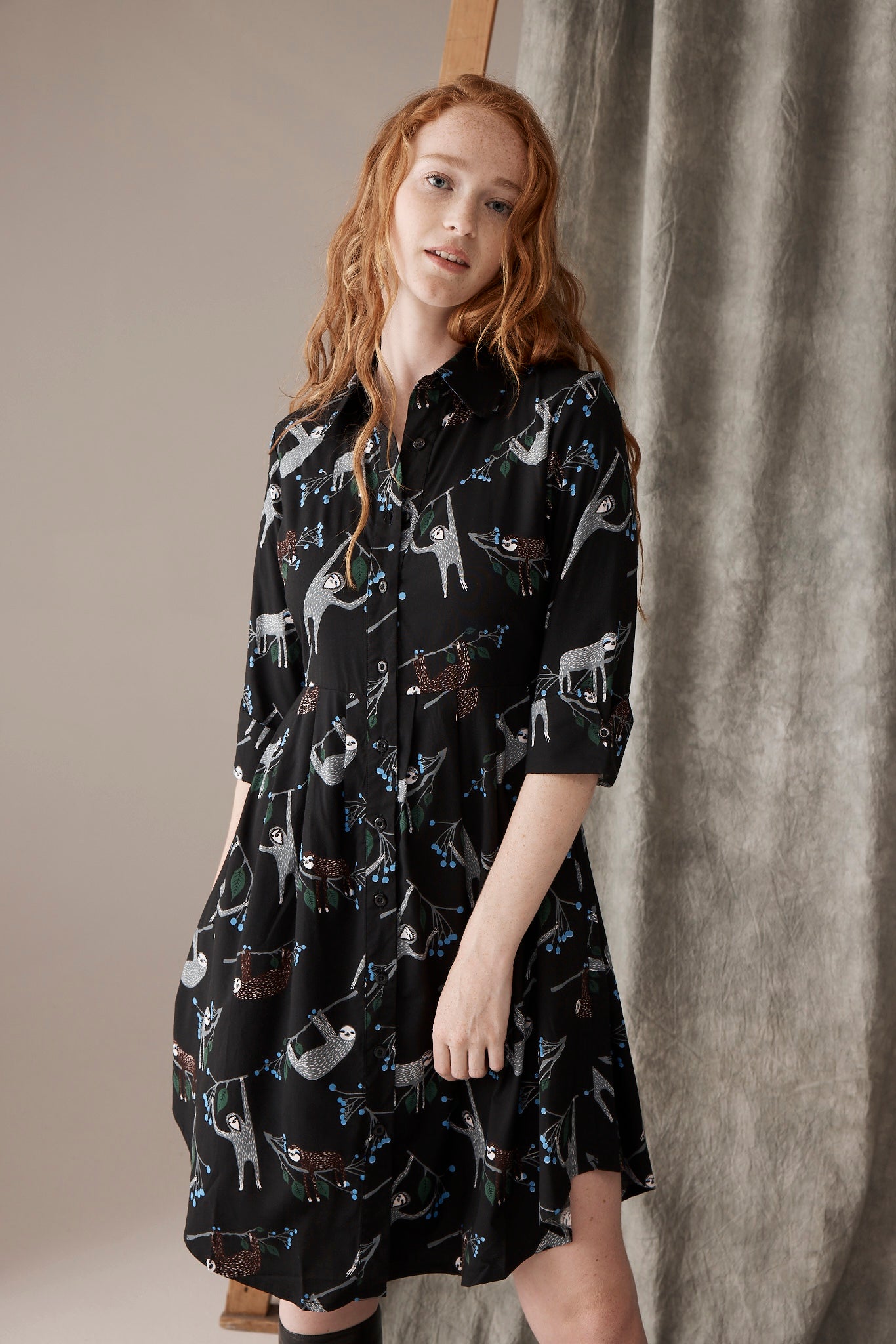 Sloth Shirt Dress, Black