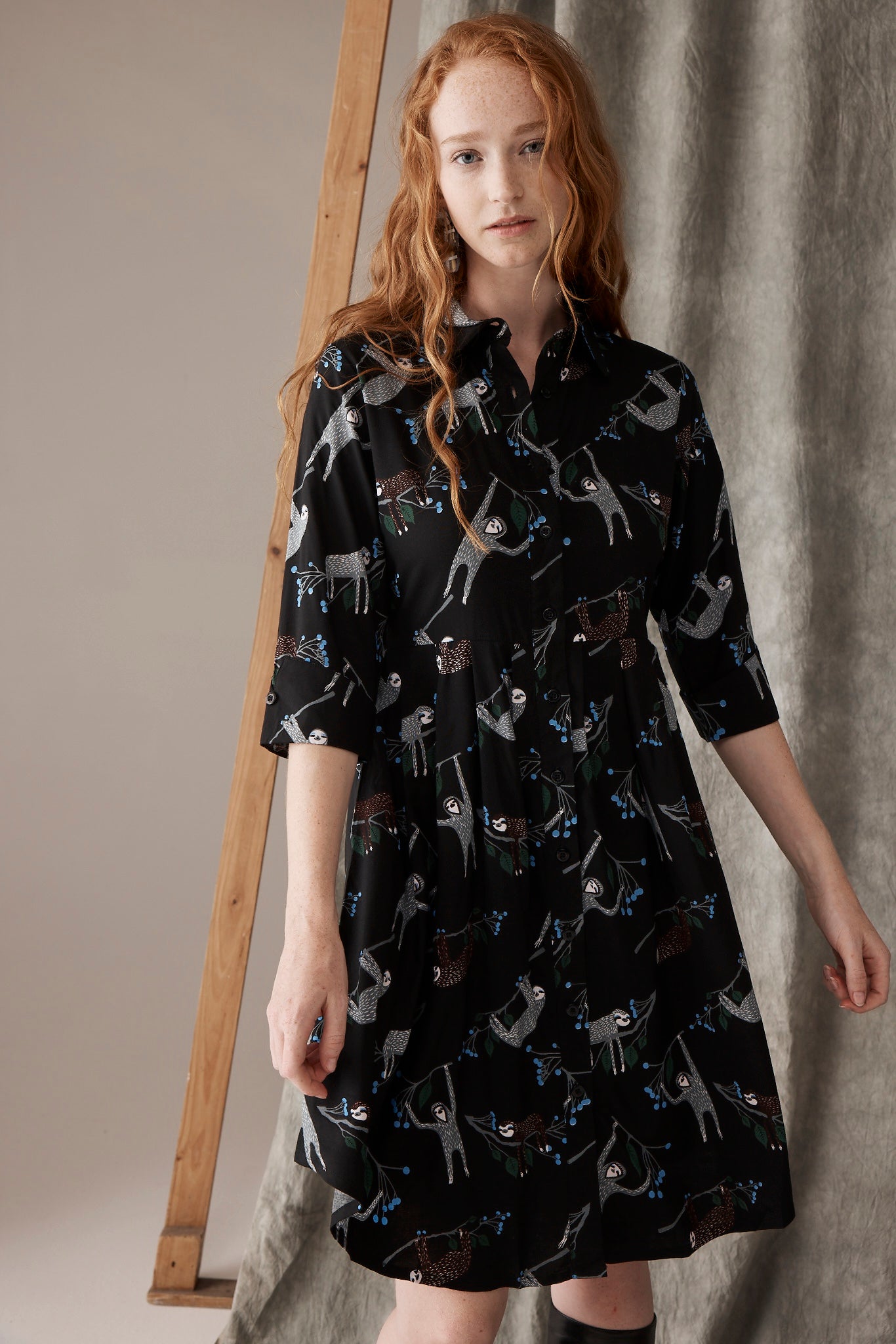 Sloth Shirt Dress, Black