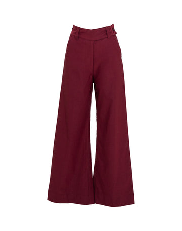 High waisted burgundy wide leg pants with a button waistband