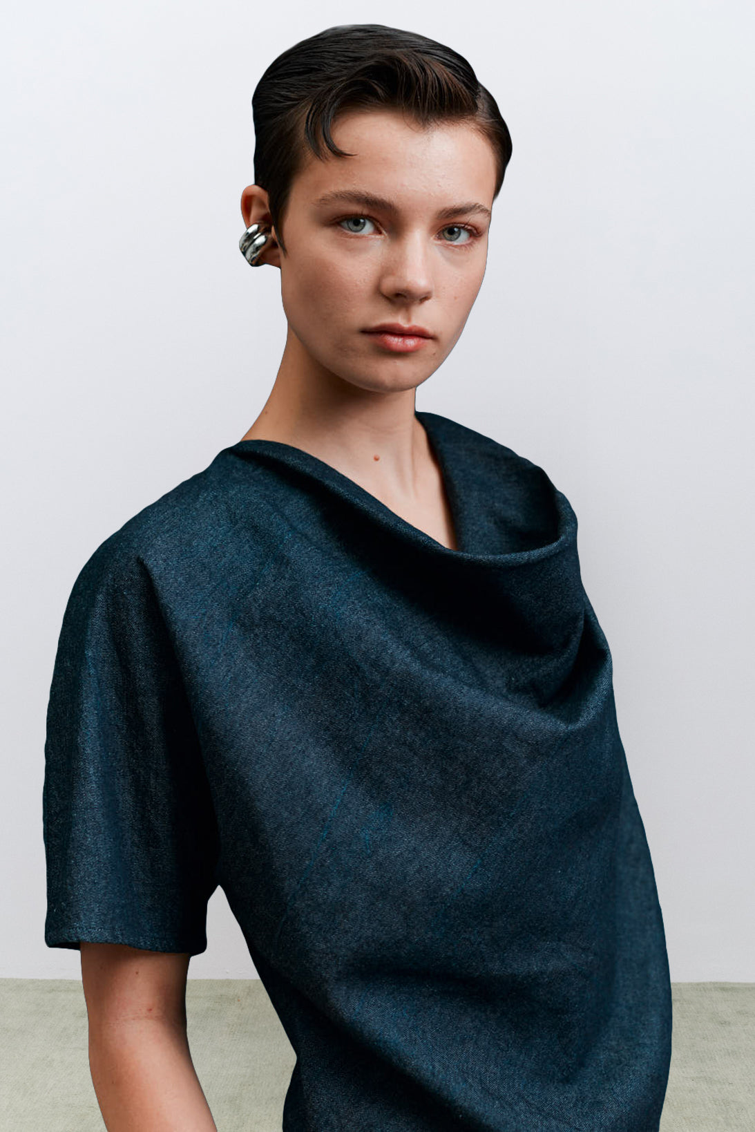 Drape Neck Top, Denim