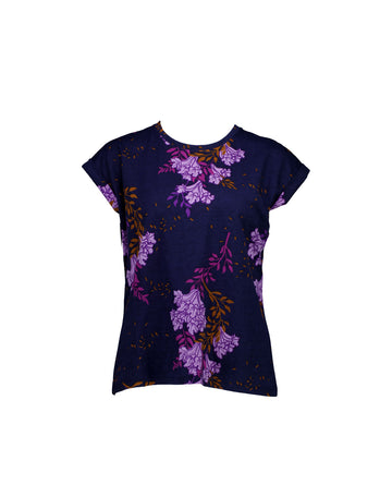A navy cotton T-shirt with a floral pattern featuring purple, berry, and lilac highlights and tan leaves, in a relaxed fit style.