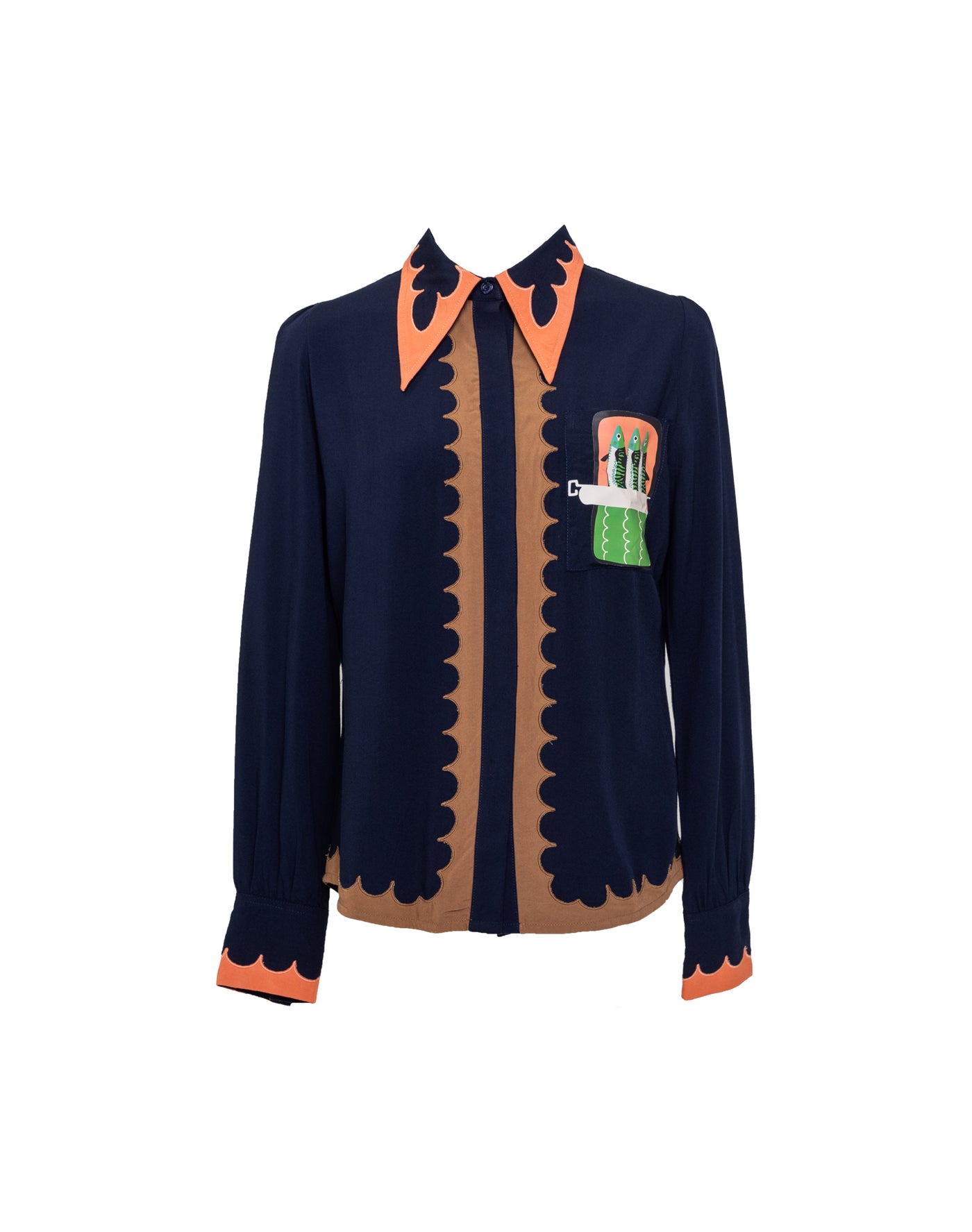 A classic button-up shirt with a sardine print, scalloped edging, and a wing collar, in navy and coral colors.
