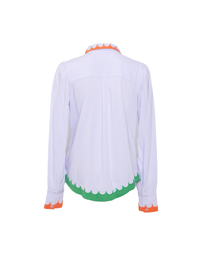 Back view of A classic button-up shirt with scalloped edging, and a wing collar, in white and coral and green colors.