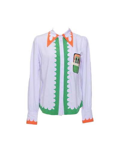 A classic button-up shirt with a sardine print, scalloped edging, and a wing collar, in white and coral and green colors.