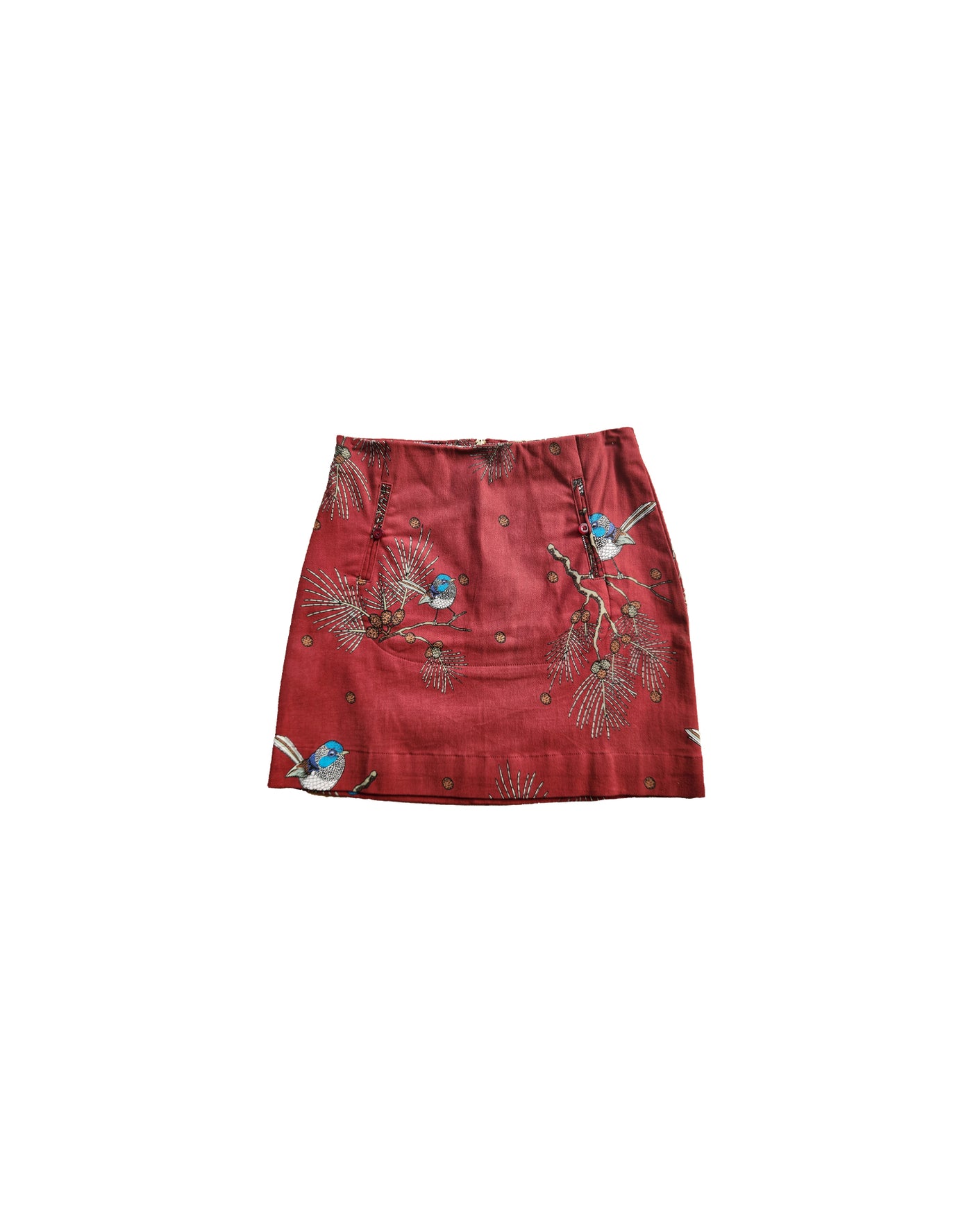 Red skirt with bird pattern on a white background