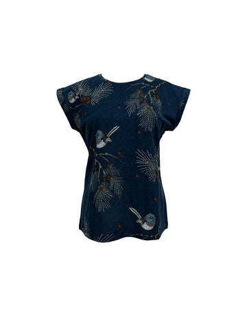 A dark blue cap sleeve T-shirt with a bespoke Fairy Wren print, displayed against a plain background.